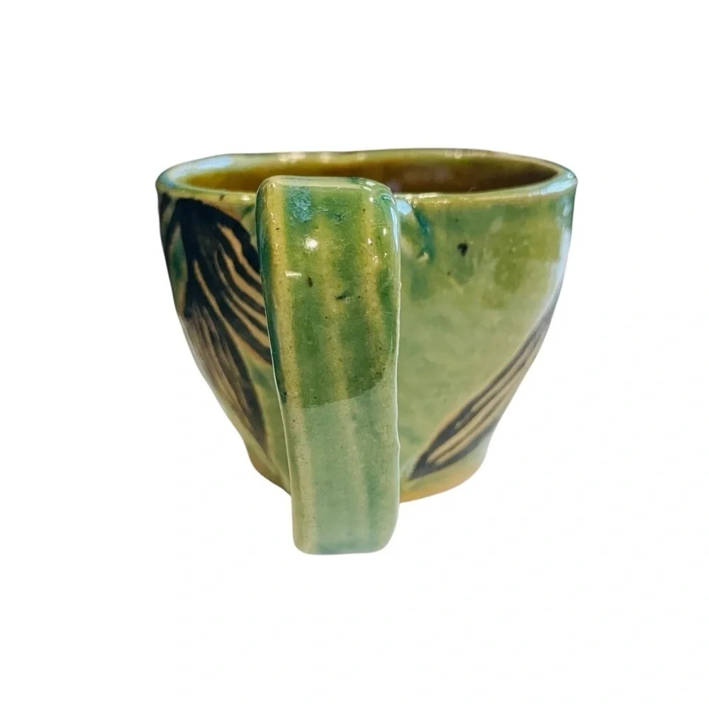 Handmade Signed Studio Art Pottery Mug Green Black Botanical Leaf Design 2.5